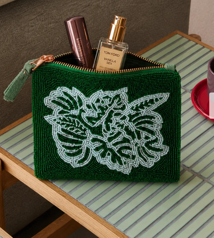 Monstera Beaded Flat Pouch