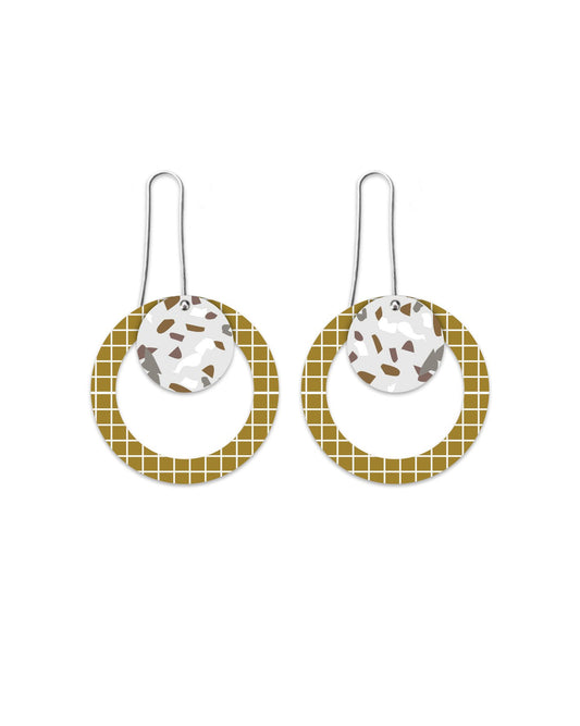 Neutral Tones Terrazzo Grid Layered Circle Outline Long Drop Earrings