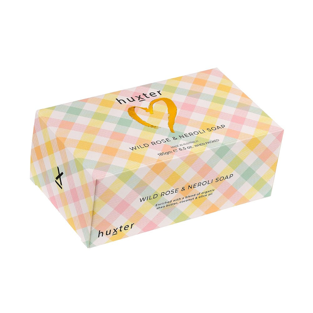 Boxed Soap185gm - Pastel Checks - Foil Heart - Wild Rose & Neroli